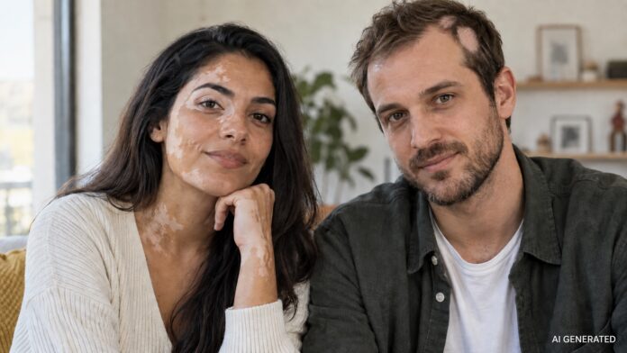 Due adulti con segni di vitiligine e alopecia areata in un ambiente luminoso.